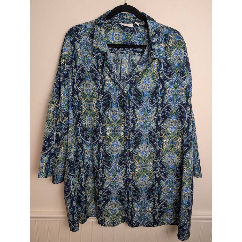 Susan Graver Shirt Womens 2X Plus Blue Button Paisley Tunic Vacation Office Read